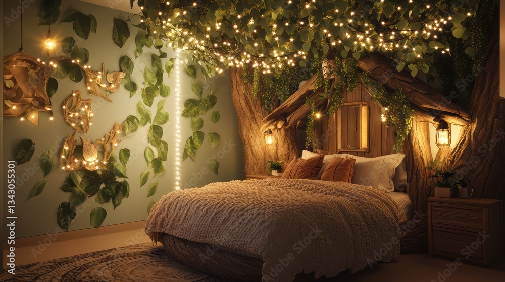 Obraz premium A magical treehouse-themed bedroom with a bed styled like a treetop hut, leafy wall decor, and glowing string lights