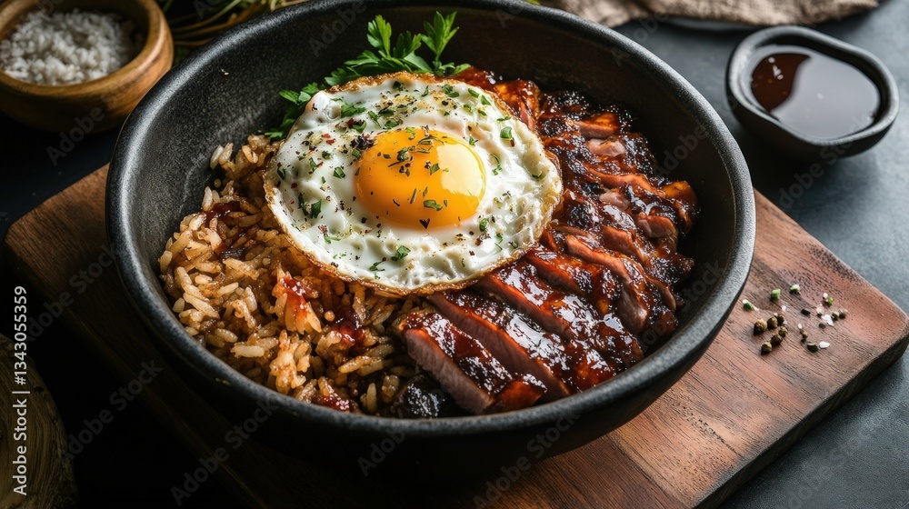 Trendy Scene of Filipino-style Pork Tocino in Rustic Setting: Tender Caramelized Pork with Garlic Fried Rice and Sunny-side-up Egg Trendy Scene of Filipino-style Pork Tocino in Rustic Setting: Tender Caramelized Pork with Garlic Fried Rice and Sunny-side-up Egg