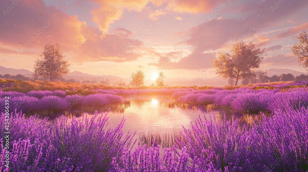 Obraz premium Serene sunset over lavender field and pond.