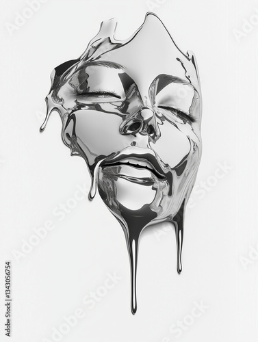 Melting Chrome Face – Surreal Metallic Dripping Art