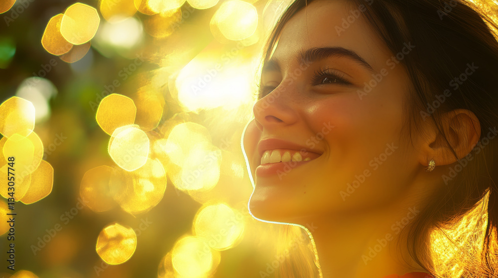 Fototapeta premium young woman with radiant smile is illuminated by warm, golden sunlight, creating dreamy and joyful atmosphere. background is filled with soft, glowing bokeh lights, enhancing serene and uplifting