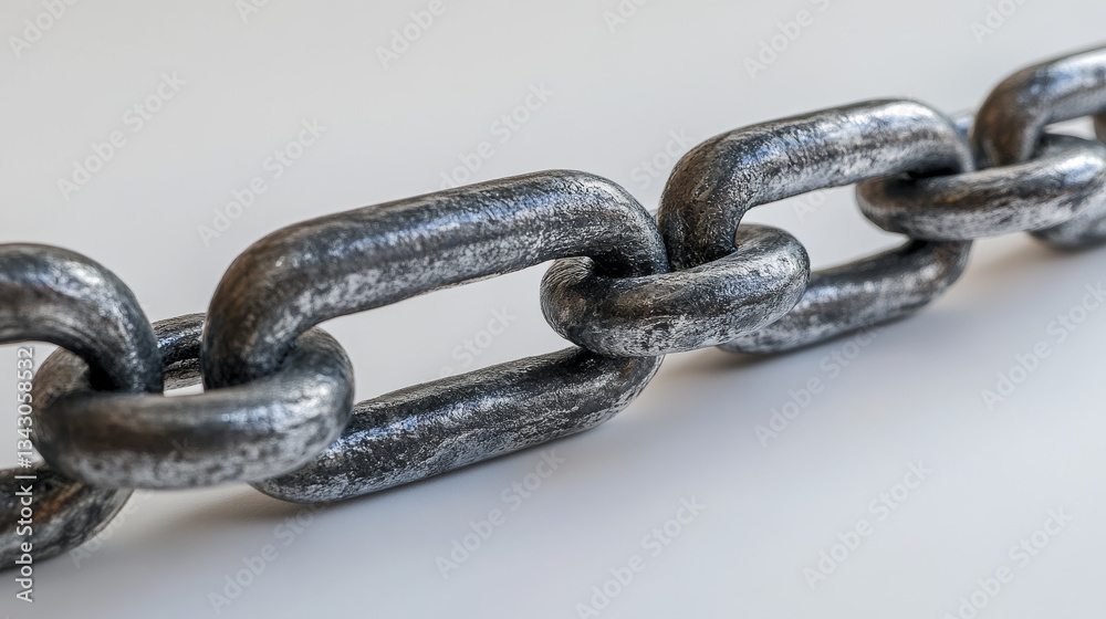 Fototapeta premium close up view of metallic chain with interlocking links, symbolizing strength and connection. chain texture and shine are highlighted against neutral background, emphasizing its durability