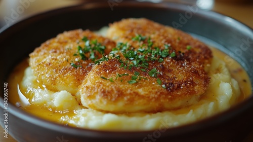 A golden-brown Wiener Schnitzel, crispy and savory, cradled in the embrace of fluffy mashed potatoes. The aroma of garlic and herbs wafted through the air, tantalizing the taste buds.