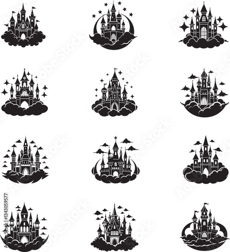 castle in clouds vector illustration black silhouette bundle set
