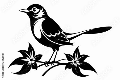 mockingbird auf bonnet flower line art silhouette vector illustration