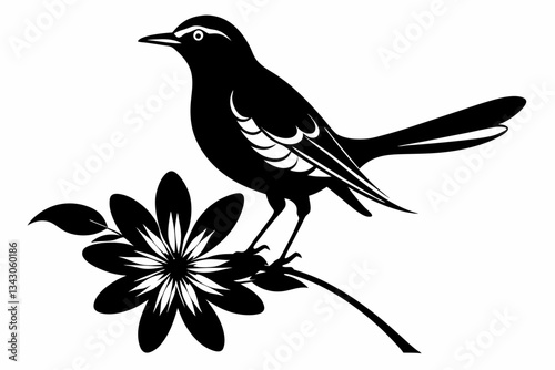 mockingbird auf bonnet flower line art silhouette vector illustration