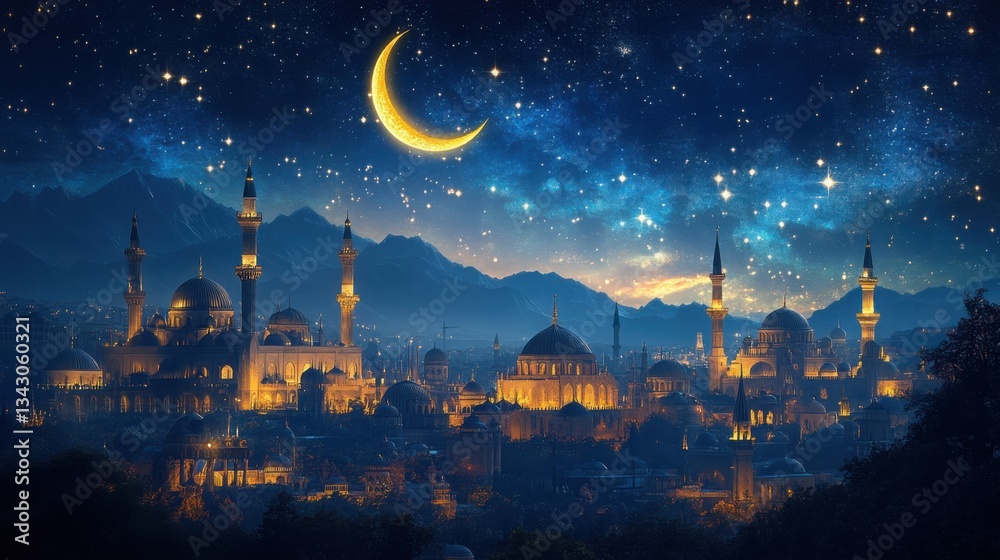 Naklejka premium Majestic Night Scene Illuminated Mosques under a Starry Crescent Moon