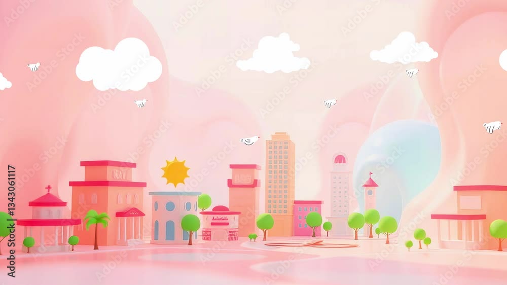 Cartoon Pink Village Scene: Animated Architecture in Pink Cartoon Style and 3d Rendered Houses with Playful Theme with Pink Background Cartoon Pink Village Scene: Animated Architecture in Pink Cartoon Style and 3d Rendered Houses with Playful Theme with Pink Background