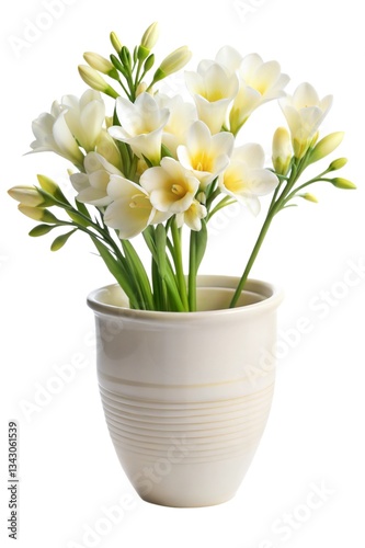 Wallpaper Mural A beautiful arrangement of freesia flowers in a white ceramic vase, showcasing delicate petals and fresh greenery. Torontodigital.ca