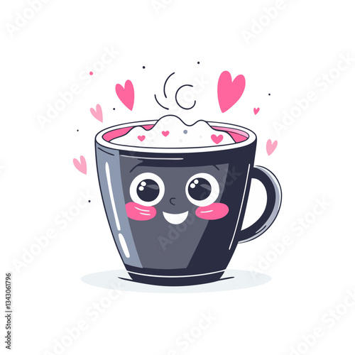 Adorable coffee cup vector with a happy face, whipped foam, and floating hearts in a kawaii-style design. Perfect for café, cozy drinks, and love themes.