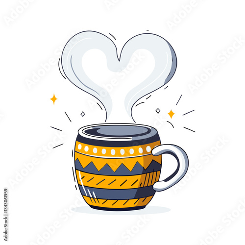 Cozy coffee mug vector with a tribal pattern and heart-shaped steam in a warm, artistic design. Perfect for café, hot drinks, and relaxing moments.