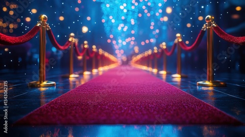 Elegant Red Carpet Entrance with Golden Stanchions and Festive Lights