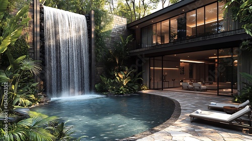 A modern luxury mansion with a waterfall feature flowing into the pool, surrounded by tropical plants and a stone patio with lounge chairs.