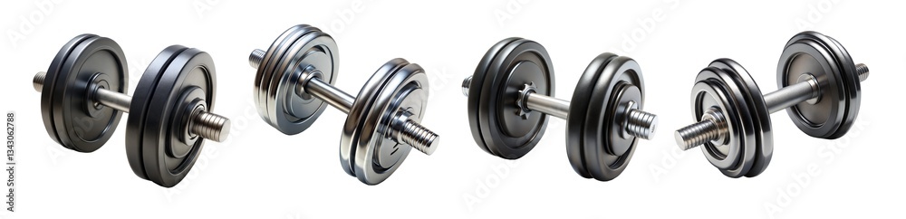 Naklejka premium A set of adjustable dumbbells lined up, showcasing their sleek metallic design and varying weights.