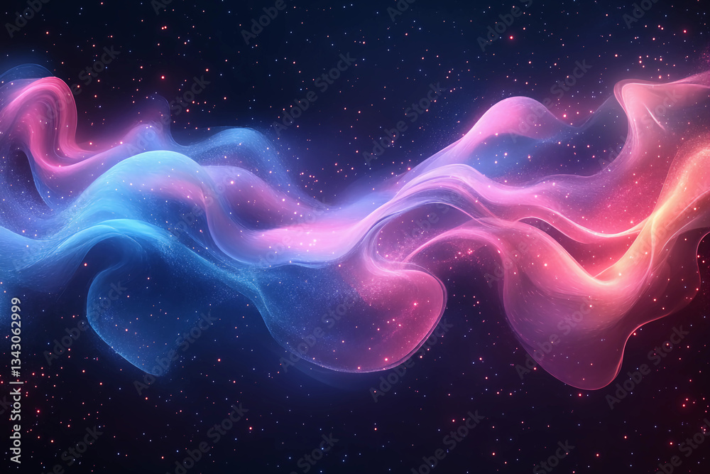 Obraz premium Ethereal Neon Ribbon Dance: A Vibrant Symphony of Pink, Blue, and Purple Light Weaving Through the Cosmic Void, Illuminated by Distant Stars' Gentle Glow