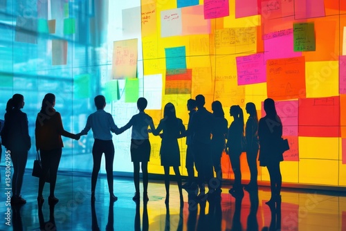 Team Collaboration in Modern Office Environment with Colorful Sticky Notes and Silhouetted People Engaging in Creative Brainstorming Session
