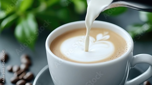 Latte art being created.  Cream is poured into a cup of coffee, producing a beautiful heart design photo