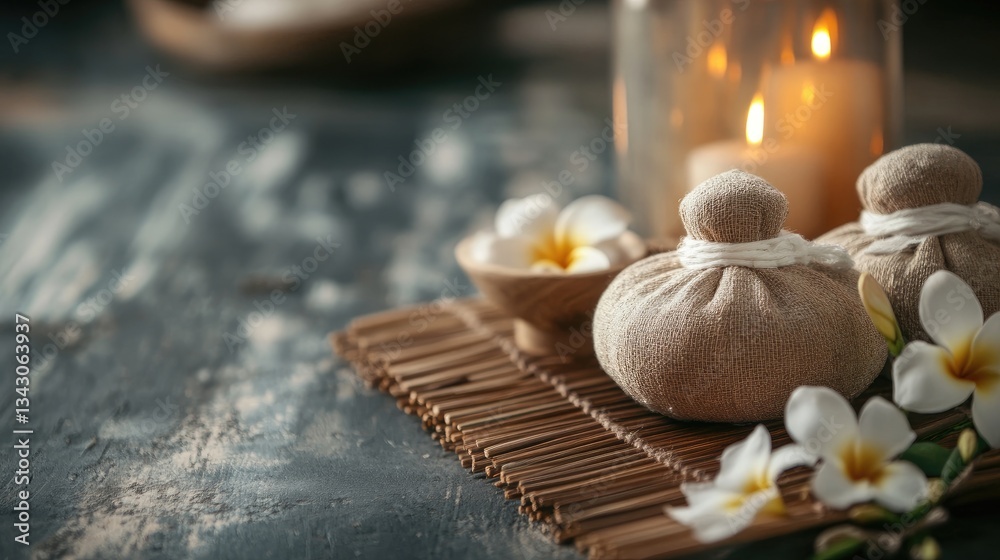 Fototapeta premium Tranquil Spa Setup with Candles and Natural Elements for Relaxation