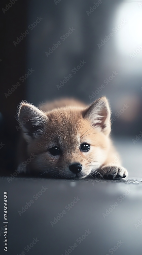 Obraz premium Cute Fox Cub Lying Down Relaxing Indoors Looking at Camera
