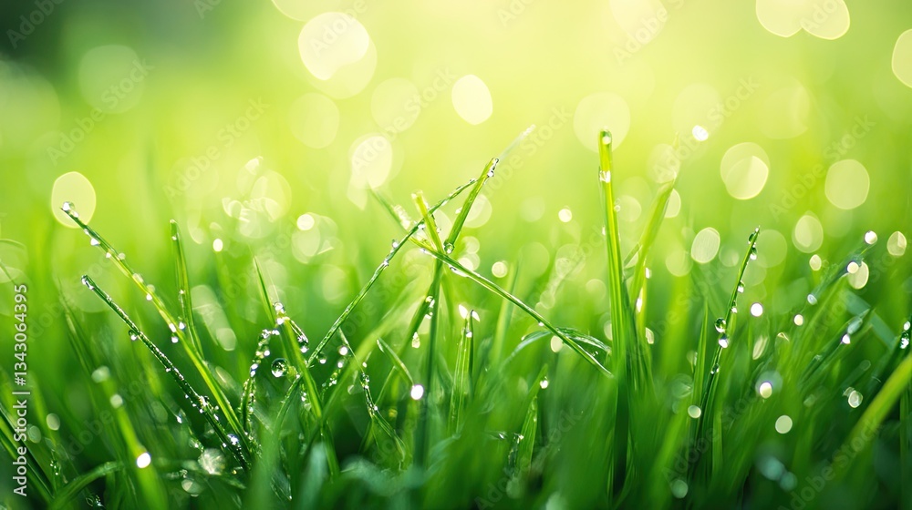 Fototapeta premium Fresh Green Grass with Dew Drops and Soft Sunlight Background
