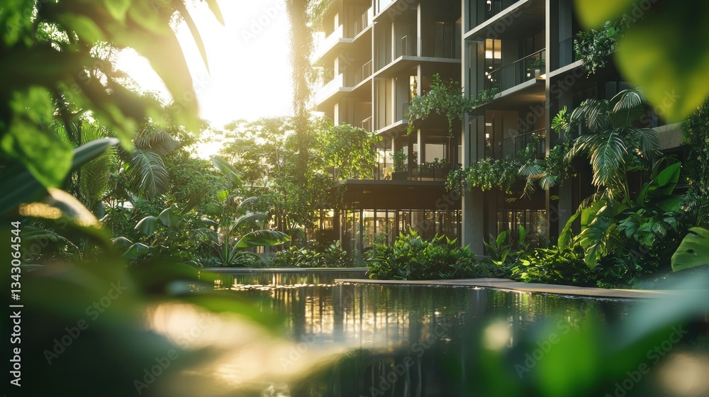 Lush tropical garden with modern apartment building and pool at sunset. Lush tropical garden with modern apartment building and pool at sunset.
