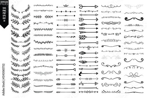 Floral and Leaf Ornament Dividers Hand-Drawn Vine Decorations Elegant Floral Borders Intricate Leaf Ornaments Ink Flourishes Arrow Embellishments Victorian Style Doodles Decorative Sketched Vector Set