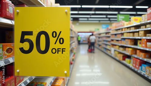 Discount sign for fifty percent off in supermarket aisle with products on shelves for shopping concept

