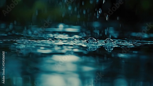 Rain drops splashing on water surface