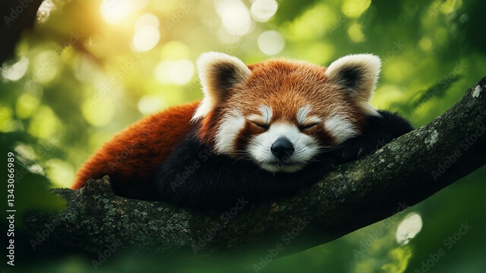 Obraz premium Sleeping Red Panda with Adorable Mood Representing Peacefulness Against Bokeh Background