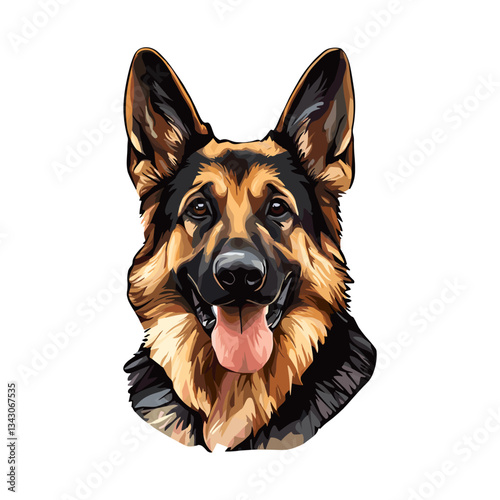 German Shepherd Dog Smiling Vector Illustration. Vector illustration of a happy German Shepherd dog with its tongue out, displaying a cheerful expression. Perfect for pet-related designs