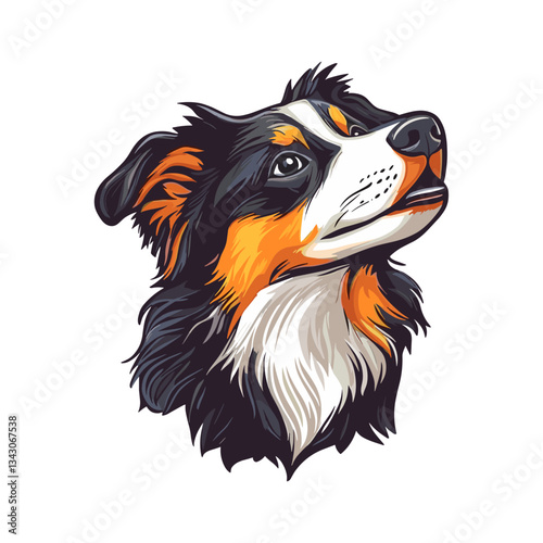 Cheerful Dog Portrait Vector Illustration Looking Up. Vector illustration of a cheerful dog with a bright, alert expression gazing upwards. Featuring bold, vivid colors and detailed fur textures