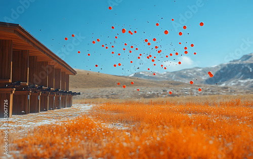 Dynamic Trap Shooting Scene with Clay Pigeons in Flight  