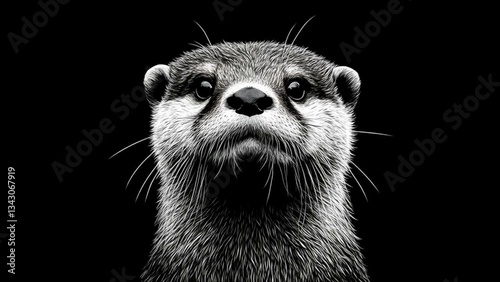 Otter Portrait Stylized Sketch in Black and White Against Black Background