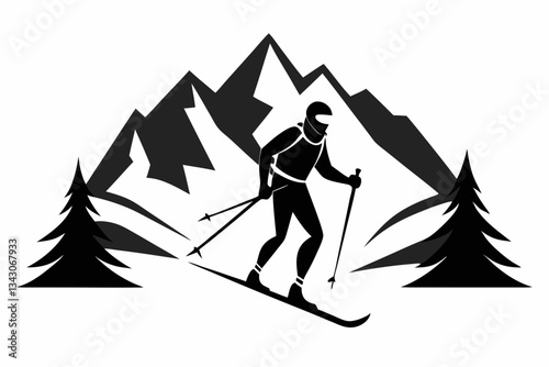 skiing in the mountains line art silhouette vector illustration