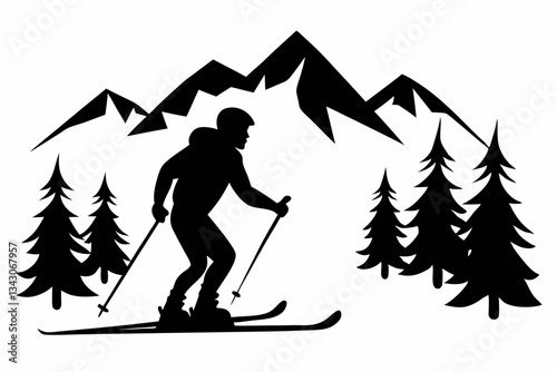 skiing in the mountains line art silhouette vector illustration