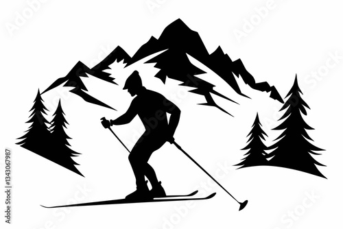 skiing in the mountains line art silhouette vector illustration