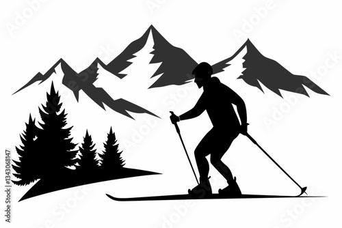 skiing in the mountains line art silhouette vector illustration