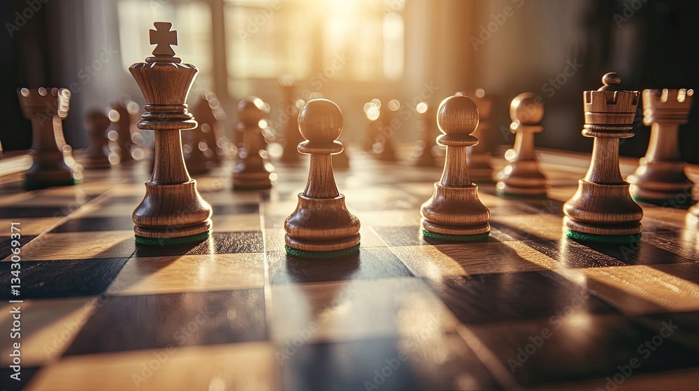 Beautiful Sunset Chess Game with Wooden Pieces on Table Beautiful Sunset Chess Game with Wooden Pieces on Table