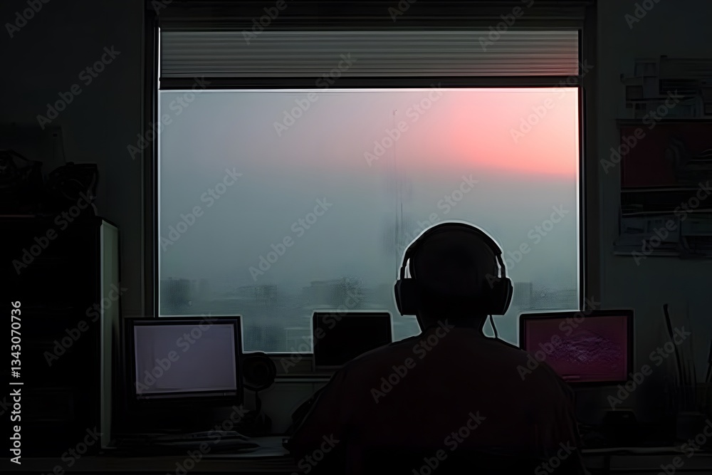 Obraz premium Sunset Silhouette Person Working at Computer with Headphones