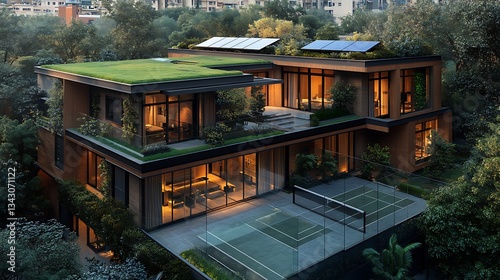 A modern luxury mansion with a green roof, solar panels, and a glass-walled gym overlooking a private tennis court.