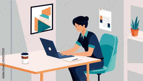 Flat design illustration of a freelancer working from home in a minimalist workspace.