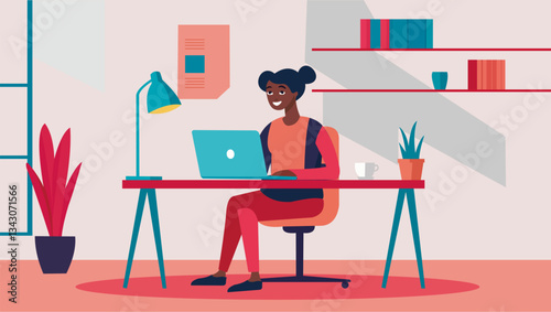 Flat design illustration of a freelancer working from home in a minimalist workspace.