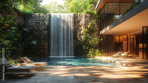 A modern luxury mansion with a waterfall feature flowing into the pool, surrounded by tropical plants and a stone patio with lounge chairs.
