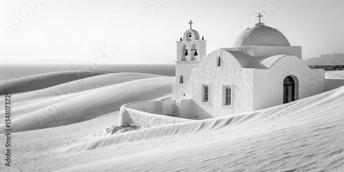 Exploring quaint architecture of a whitewashed church among dunes santorini greece black and white photography serene landscape aesthetic viewpoint minimalist concept