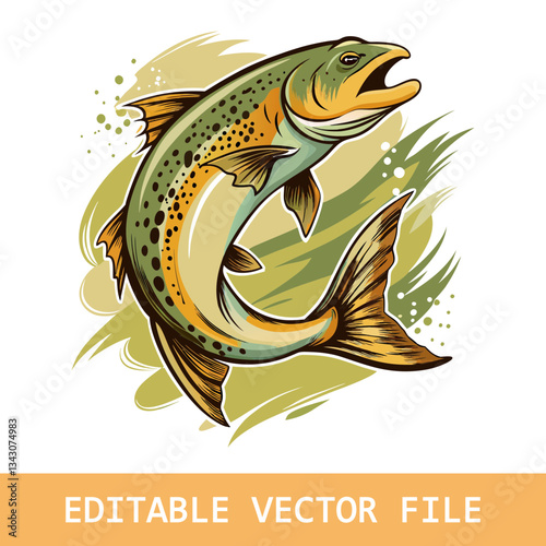 Watercolor Painting of a Brown Trout Leaping from Water. A vibrant, artistic depiction of a trout in mid-leap, showcasing its colorful scales and dynamic movement.