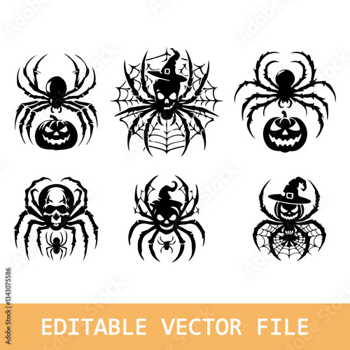 black halloween background with spiders and spider web. vector illustration set.