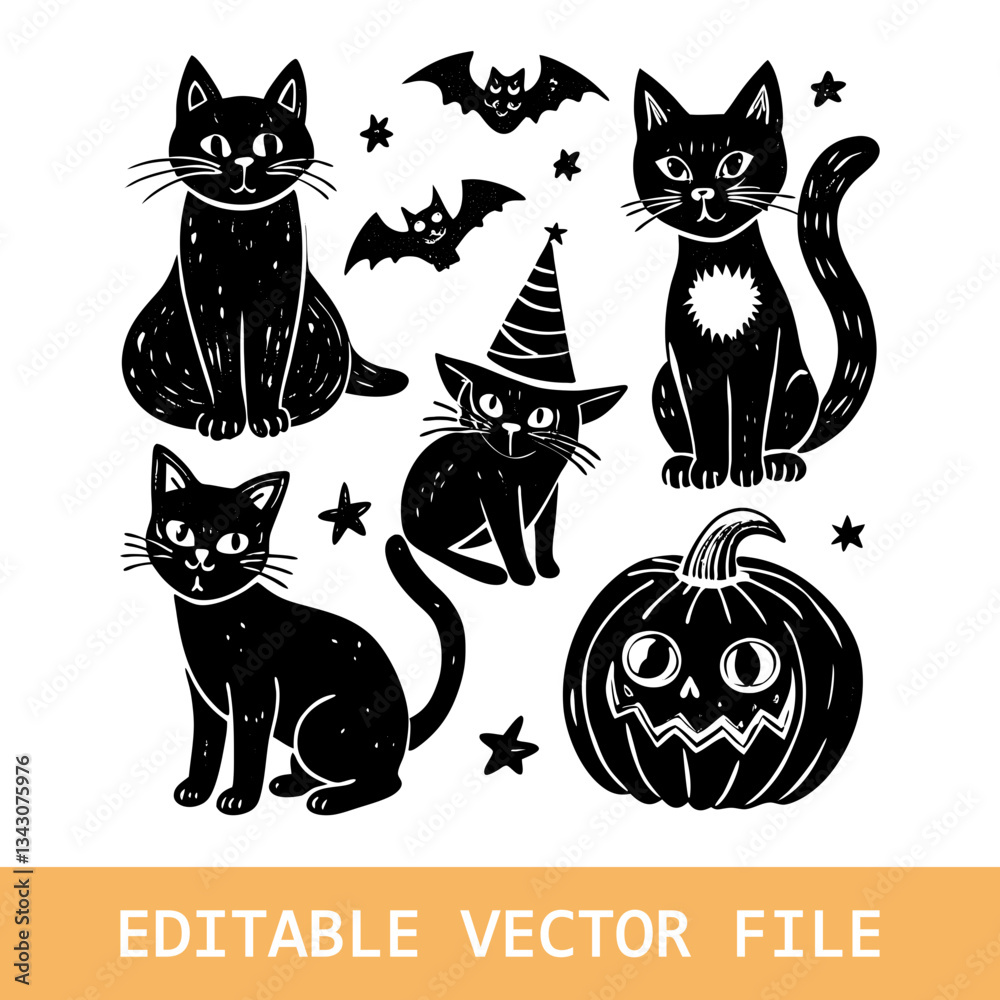 Obraz premium Set of halloween cat vector illustration, Halloween cat silhouette vector art
