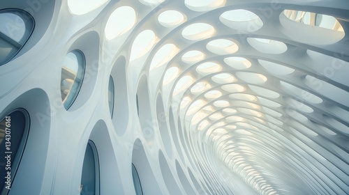 Abstract white architectural interior with curved ceiling and oval openings, letting in natural light.