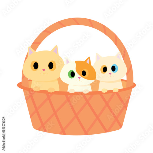 Three adorable cats sit together in a basket on a white background