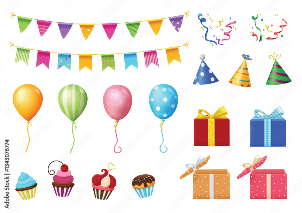 Obraz premium Birthday party elements vector set. Birthday gift boxes, pennants, balloons, hats and cupcake elements with colorful patterns for celebration objects design. Vector illustration.